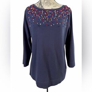 Talbots Embellished Navy Blue Cotton Top | Multicolor Details | M